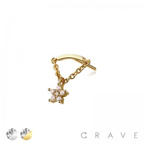 316L SURGICAL STEEL THREADLESS PUSH IN FLOWER ROUND BEZEL CHAIN DANGLE DANGLE CZ TOP PART